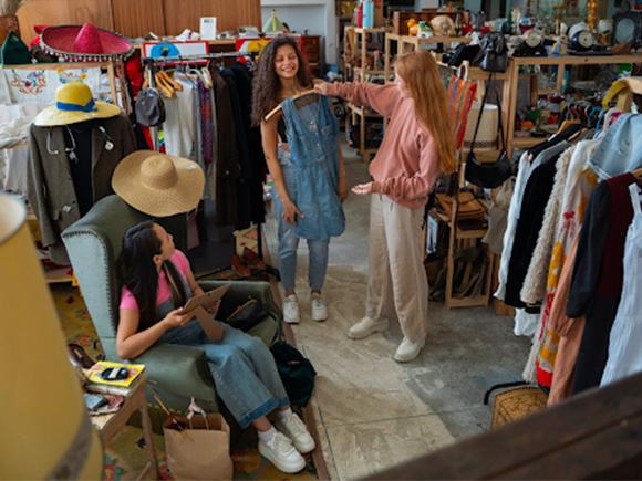 Three women shopping in antique store