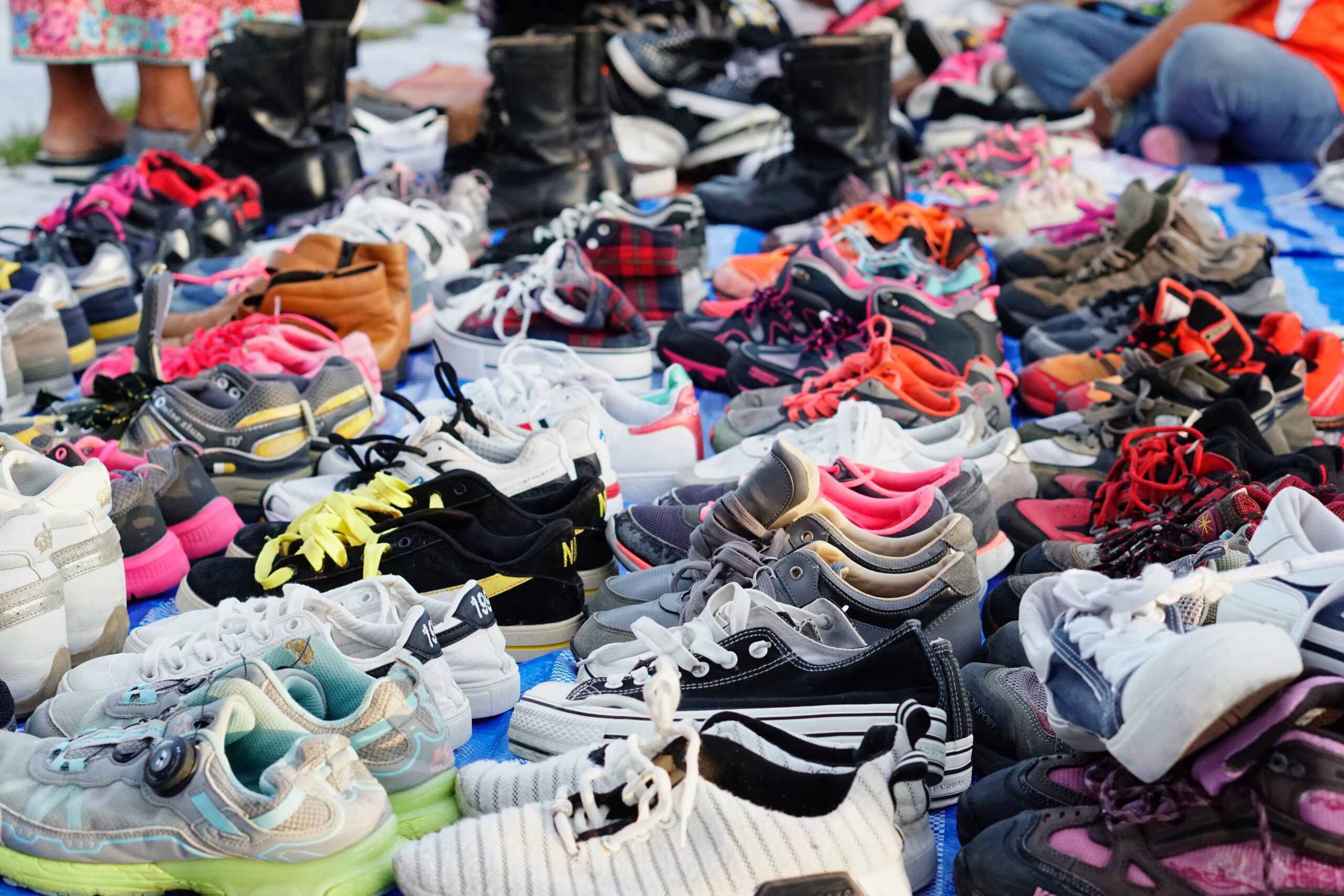 high angle view shoes sale market stall