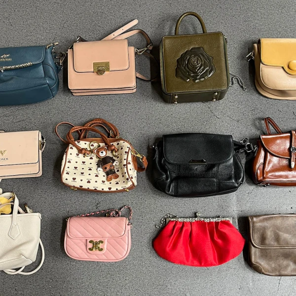 twelve used bags in different designs and colors