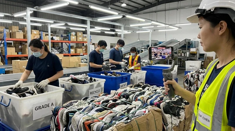 Workers sorting and grading used shoes at a wholesale facility