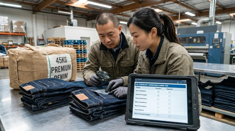 A worker checks used clothing during warehouse quality inspection