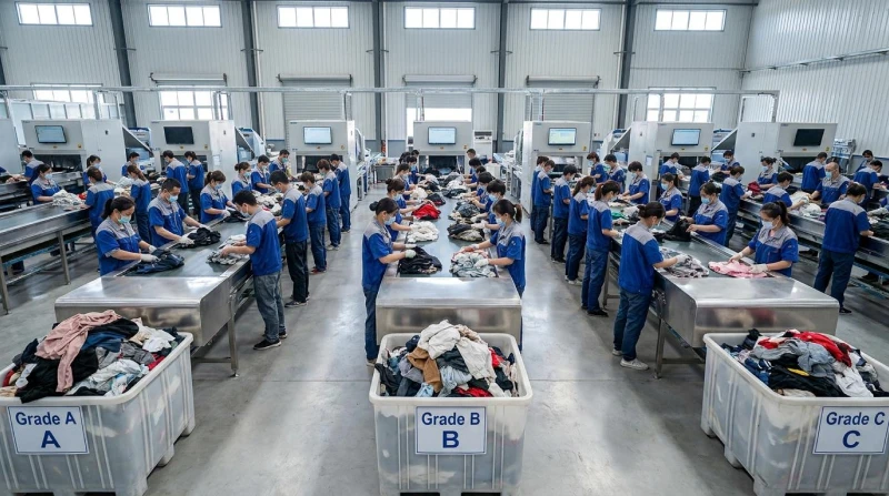 Large warehouse sorting floor with workers processing used clothing bales for export to East Africa