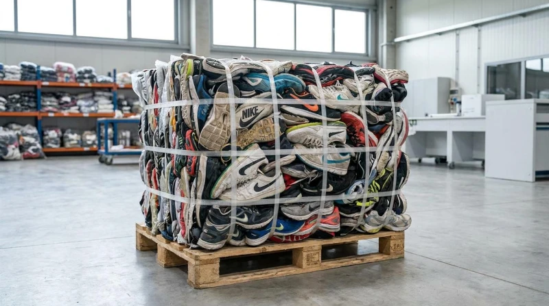 Bulk running shoes on a pallet at a shipping port ready for wholesale footwear distribution Bulk running shoes on a pallet at a shipping port ready for wholesale footwear distribution