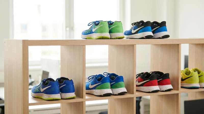 Multiple pairs of Nike running shoes displayed on shelves for resale in the second hand market Multiple pairs of Nike running shoes displayed on shelves for resale in the second hand market