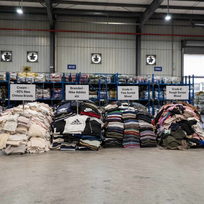 Bulk quantities of used clothing sorted and graded for wholesale export at Indetexx warehouse facility