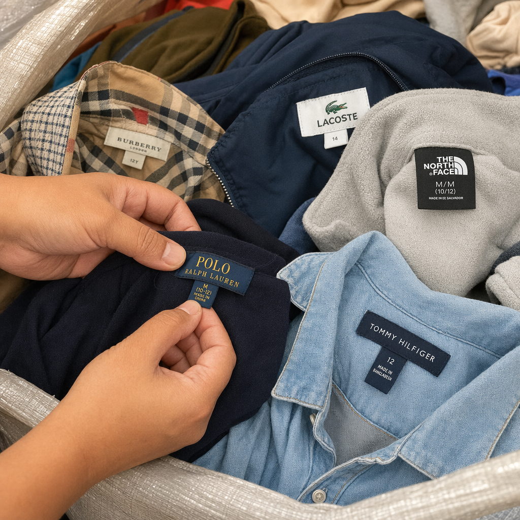 First grade bale label inspection — close-up checking brand tag quality on used garments inside an open okrika bale for authenticating genuine first grade vs re-baled stock