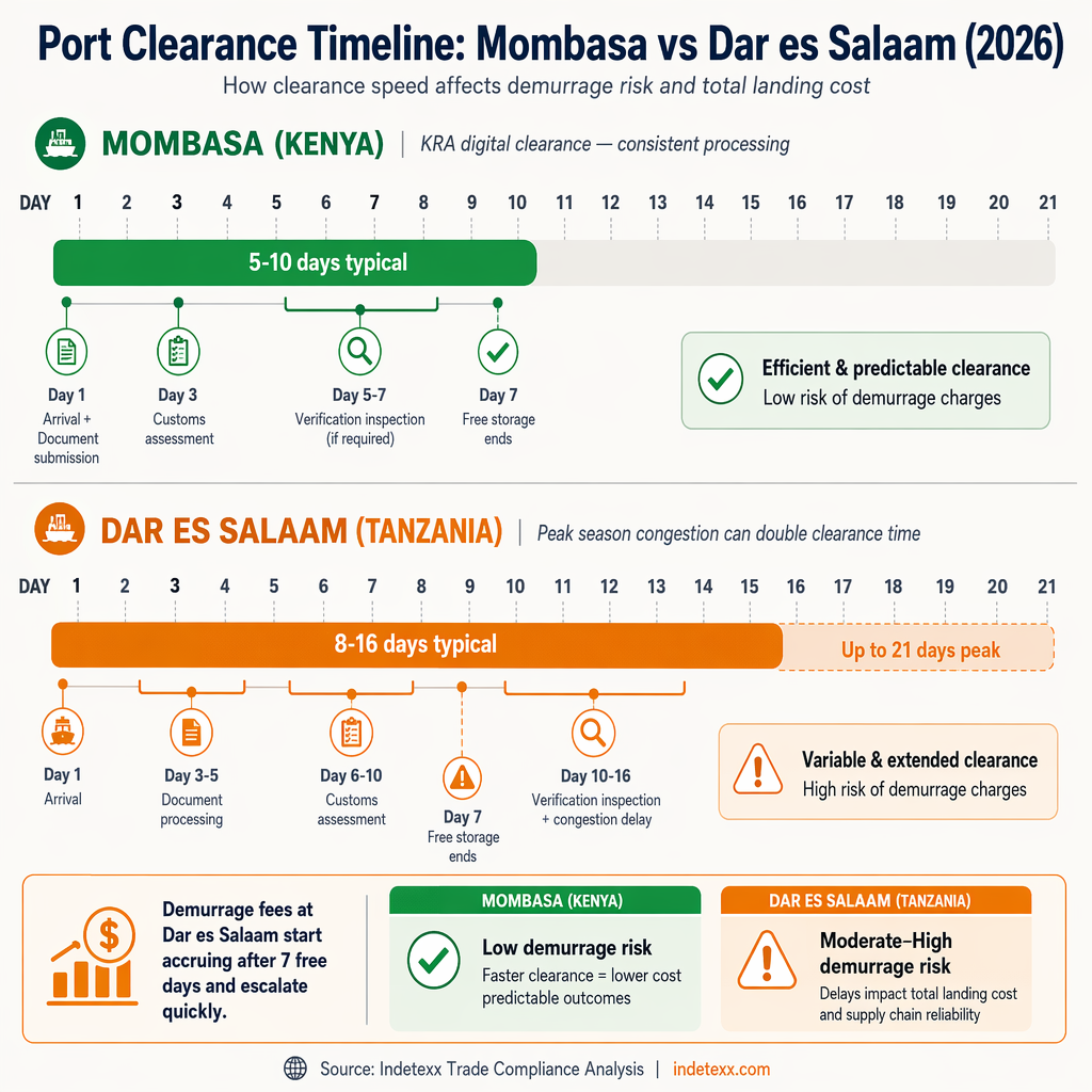 Side-by-side port clearance timeline comparing Mombasa 5-10 days versus Dar es Salaam 8-21 days