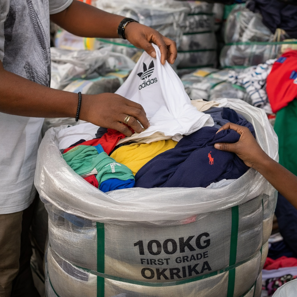 Cream pick selection from first grade okrika bale — buyer hands selecting premium branded items from 100kg bale in Lagos market demonstrating First Cut resale system