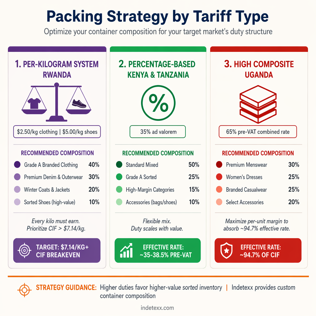 Three-panel comparison of container packing strategies for Rwanda per-kg system, Kenya/Tanzania ad valorem, and Uganda high composite duty
