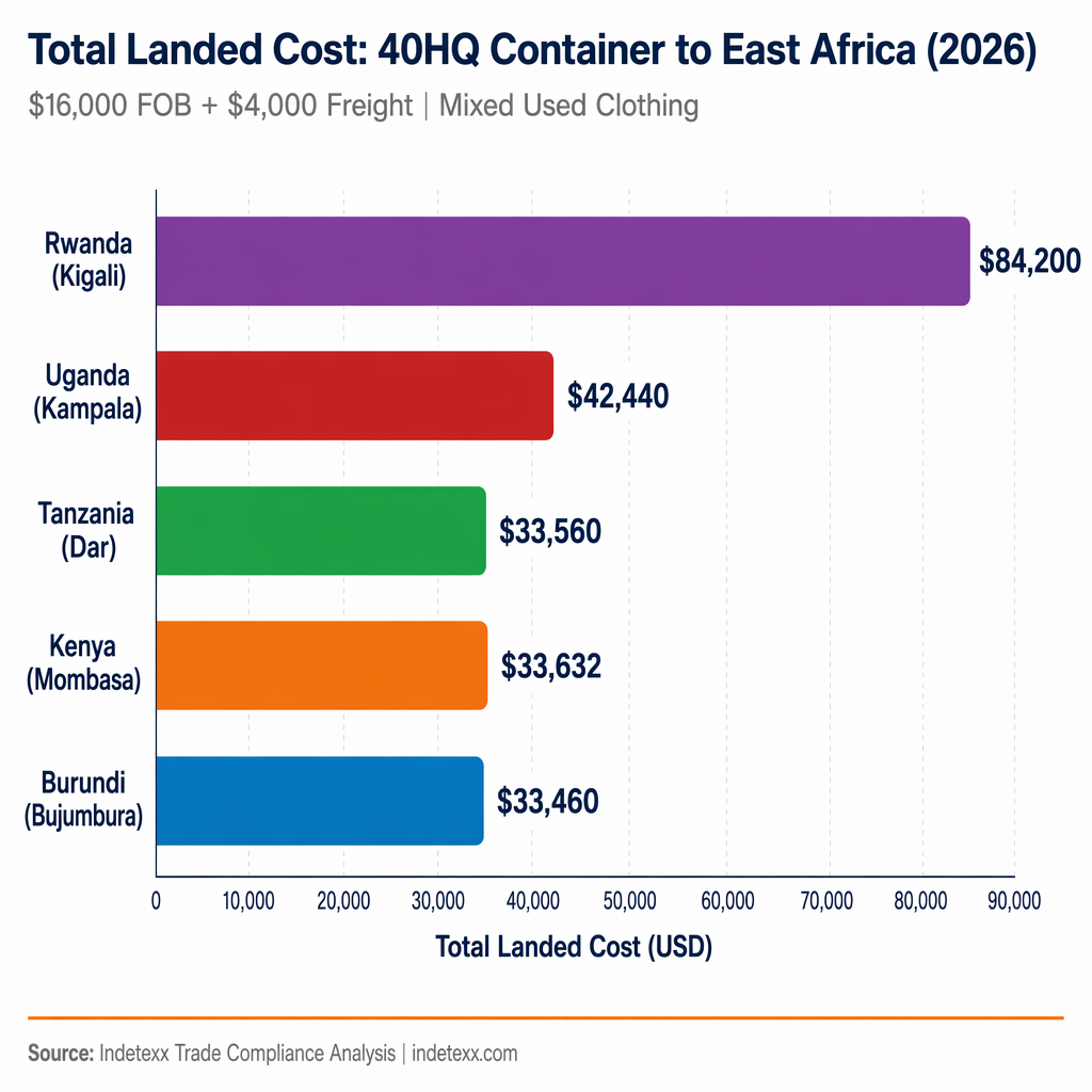 Comparison bar chart of total landed cost for a 40HQ container across five EAC countries