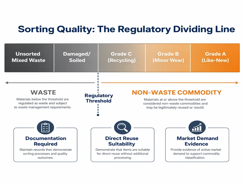 Sorting quality spectrum diagram showing the progression from textile waste to reusable clothing with compliance criteria callouts