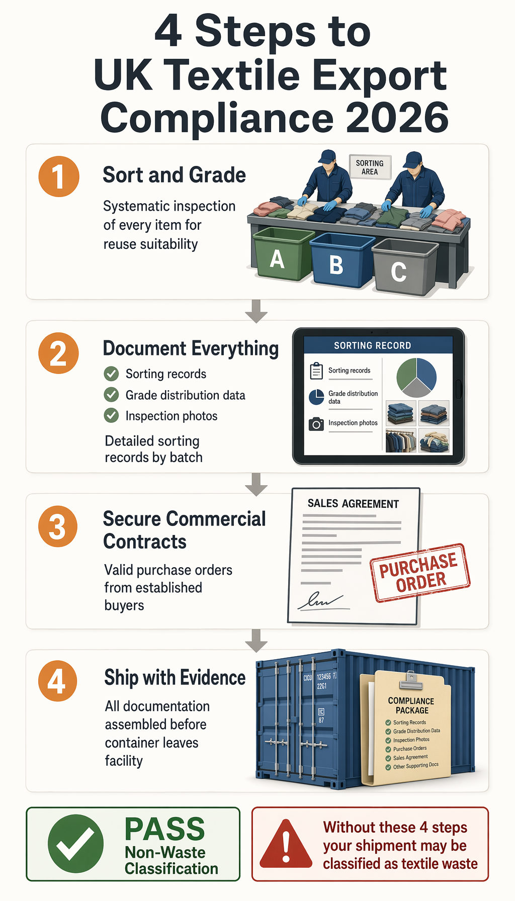 4-step compliance process for UK used clothing exporters: sort and grade, document everything, secure contracts, ship with evidence to demonstrate non-waste classification