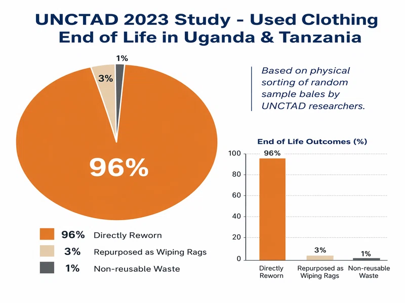 UNCTAD study showing 96 percent of exported used clothing in Uganda and Tanzania is directly reworn, with only 3 percent used as wiping rags and 1 percent classified as waste