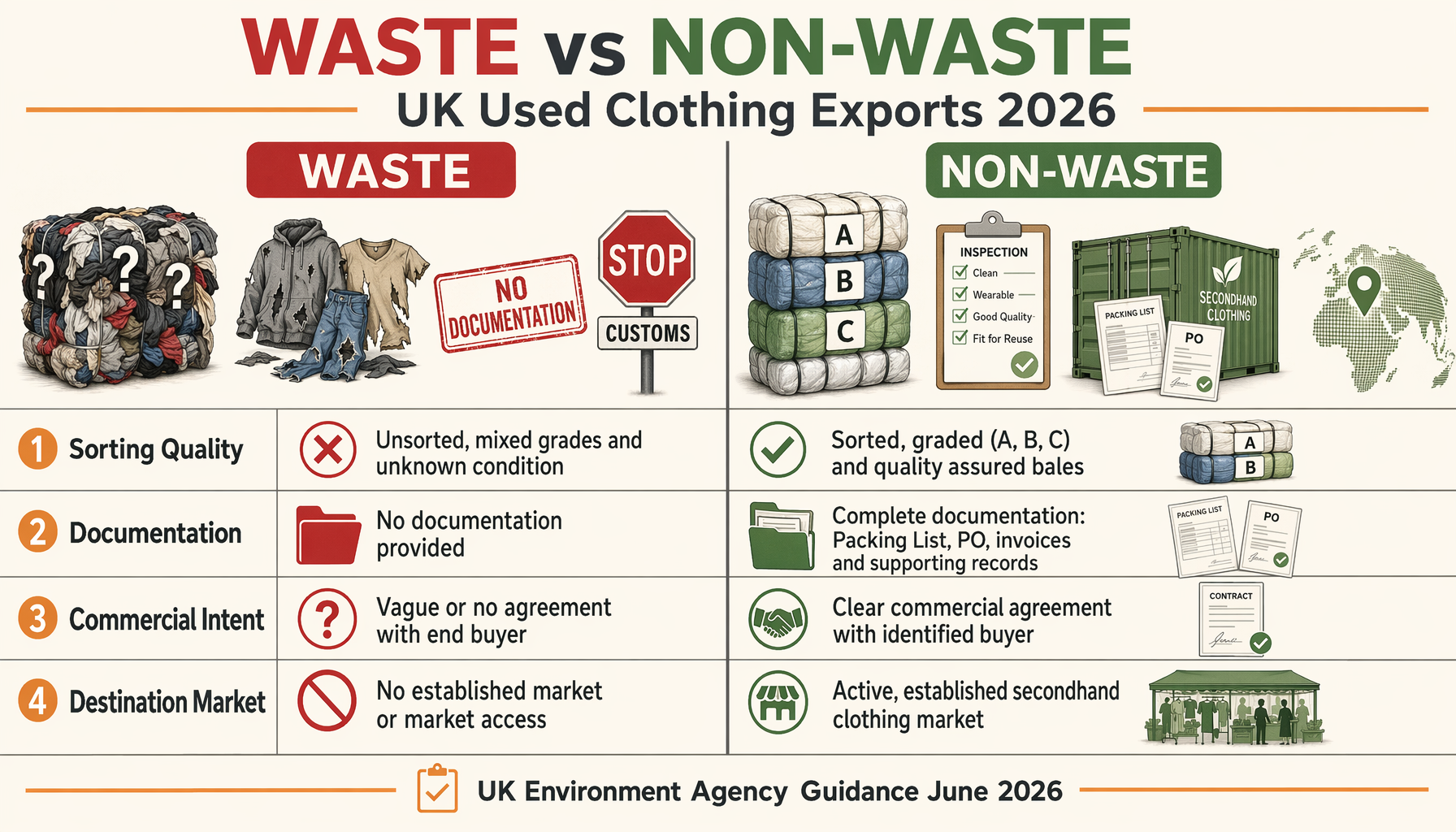 UK used clothing export rules 2026 compliance decision guide: waste vs non-waste comparison with four EA criteria for passing UK textile customs
