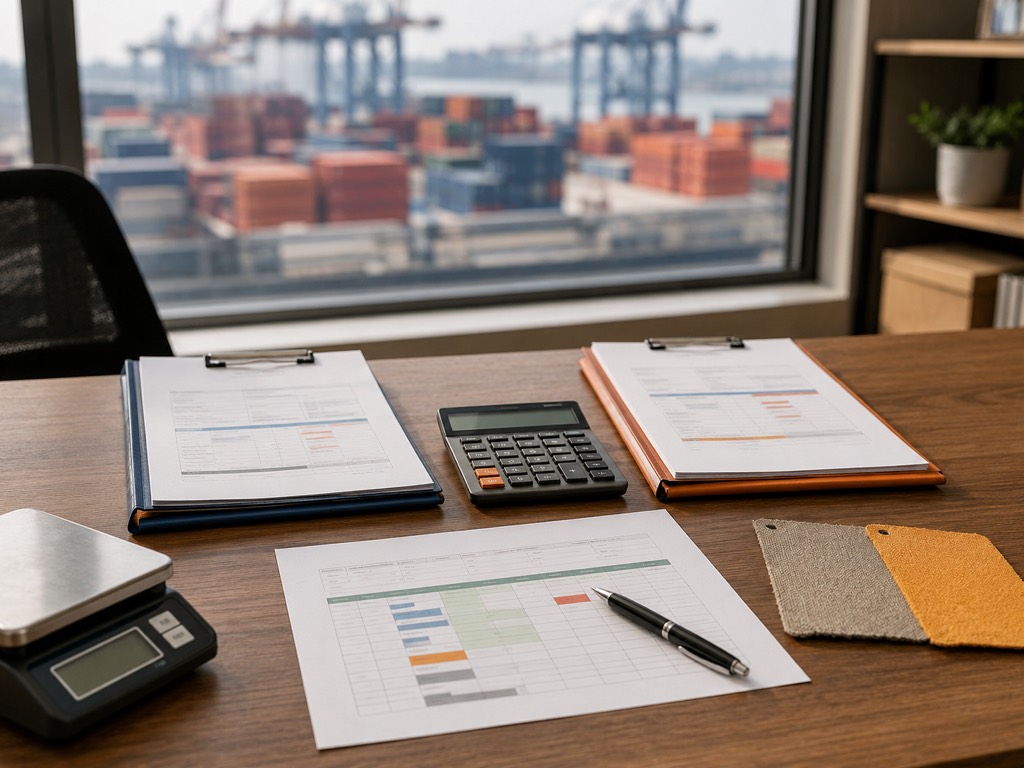 Two logistics quotations and a calculator arranged for scope comparison near a container port