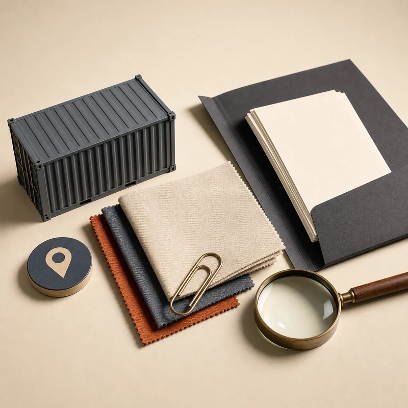 Editorial still life of a model cargo container, textile swatches and blank papers representing a freight and customs handoff