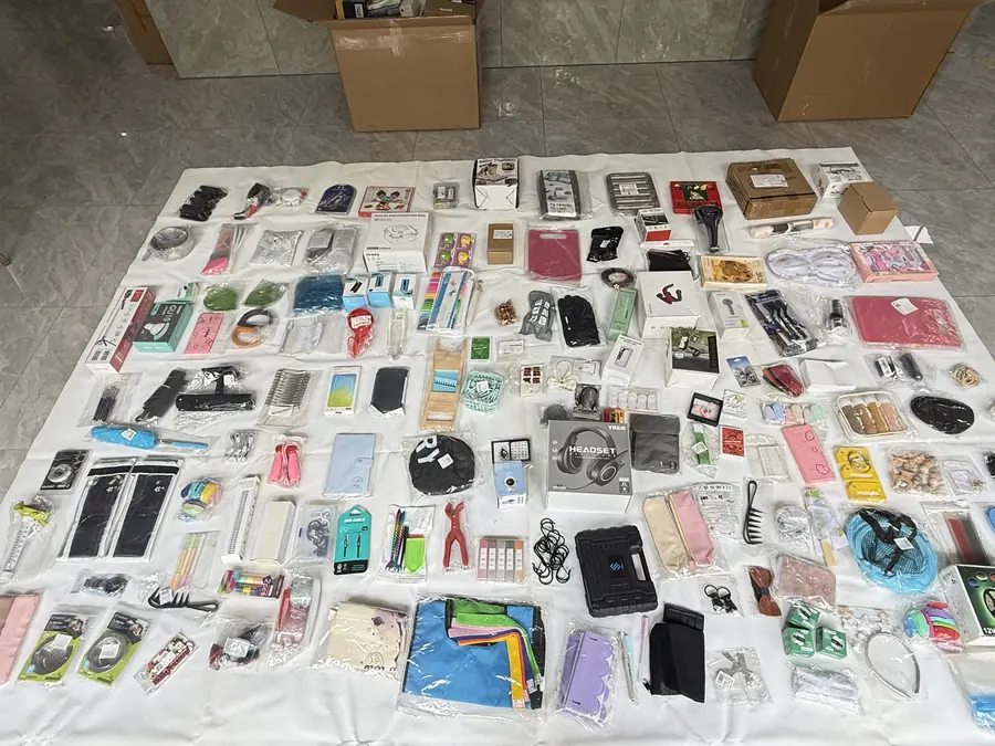 Mixed wholesale stock lot laid out for inspection: household goods, small electronics, bags, stationery and accessories from one box