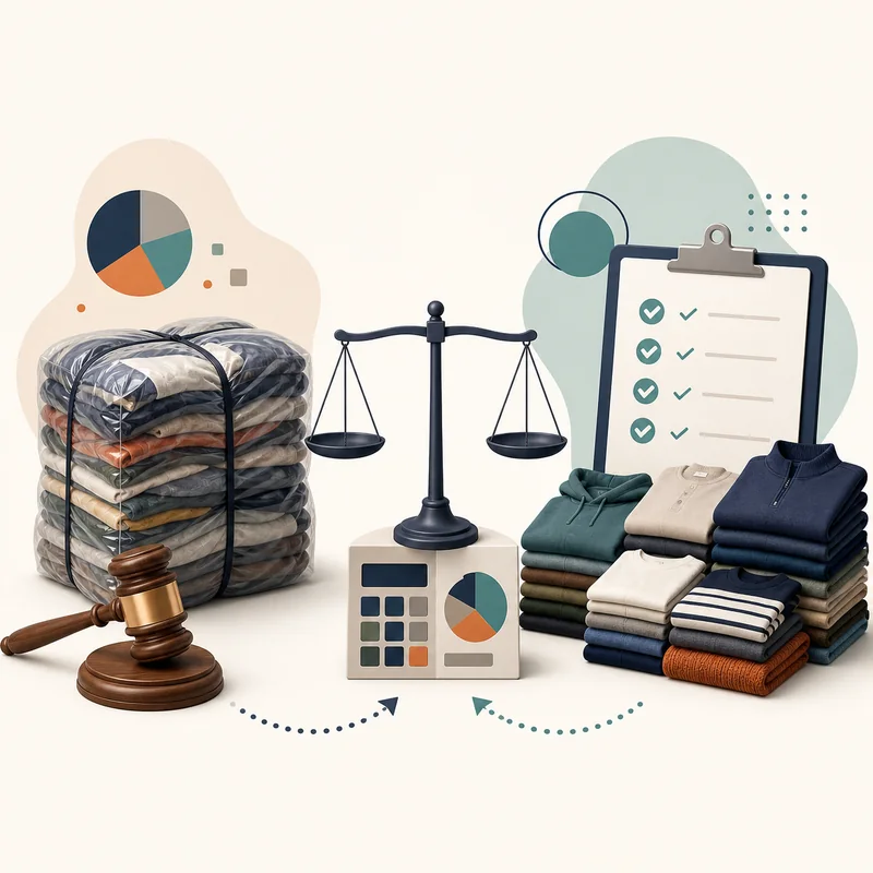 Editorial comparison of a used clothing auction lot and a specification-led direct sorted order